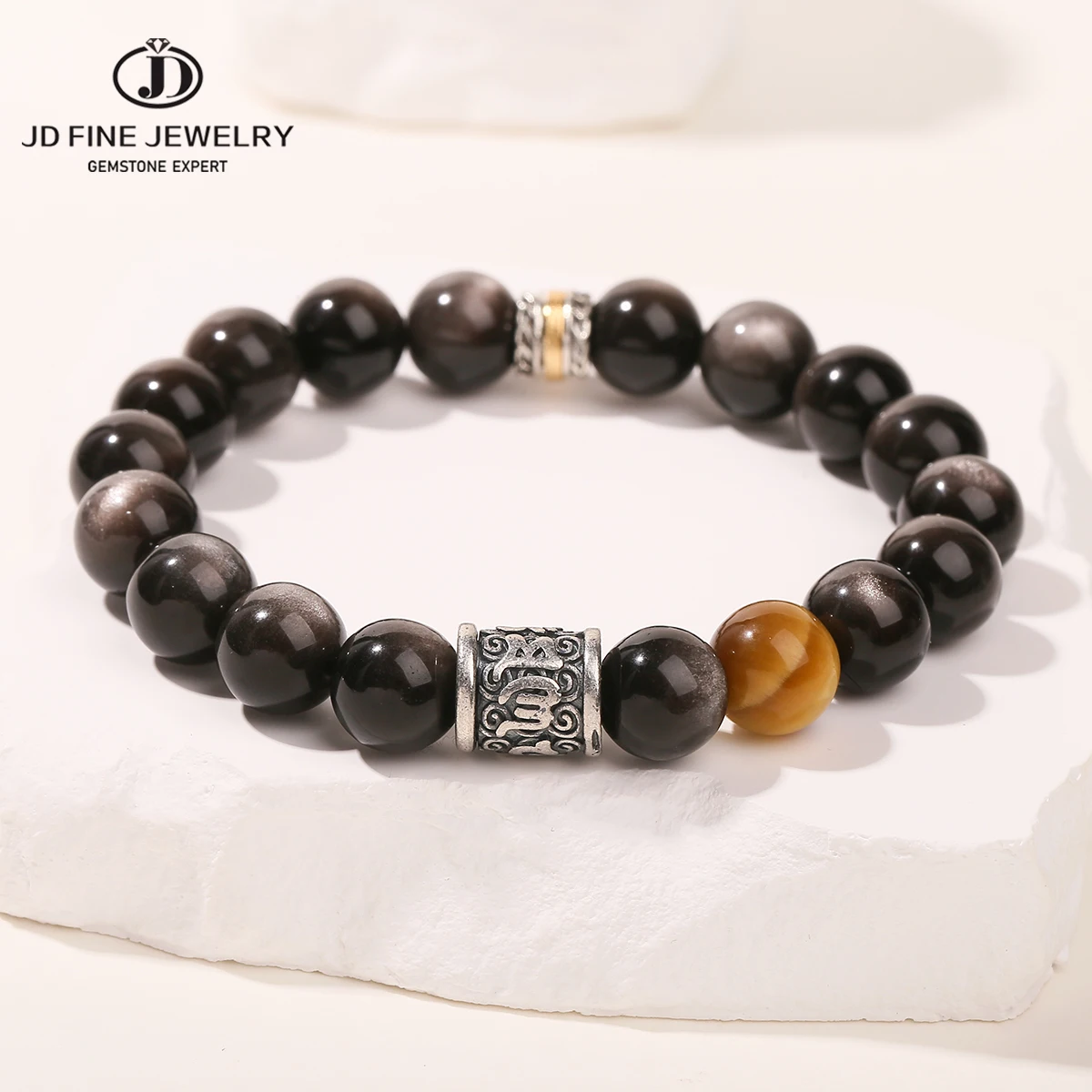 

JD 7A Natural Silver Color Obsidian Golden Tiger Eyes Stone Charm Bracelets Women Men Sanskrit Yoga Meditation Buddhist Pulseira