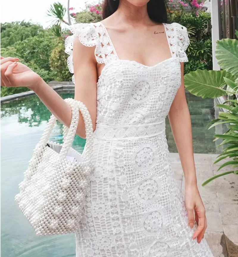 White Elegant Women Dress Summer Vacation Slash Neck Flora Embroidery Womens Clothing Runway Design Bodycon