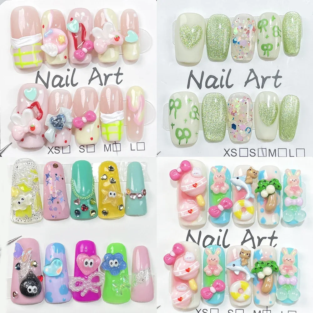 

Handmade Cartoon Diy Sweet Candy Cute 3D Hello Kitty Bear Anime Press On Nails Short Round Nails Design Manicure Girls Gift