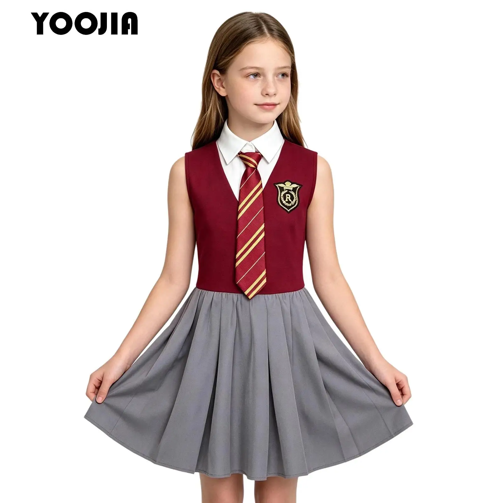 Kids Girls Lapel Buttons Ruffled A-line Dress And Necktie Schoolgirl Party Dresses Halloween Magic Academy Movie School Costume