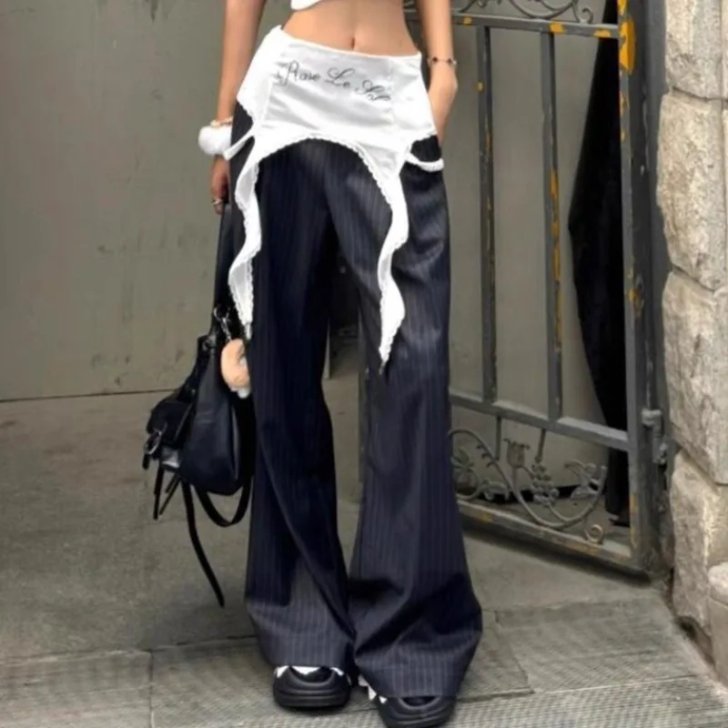 

American Street Gray Stripe Casual Pants Women Summer New Contrast Color Patchwork Loose Drape Wide Leg Suit Pants