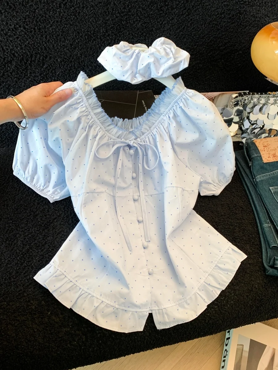 

Unique Blue Polka Dot Bow Short Bubble Sleeve Women's Shirt Lace Trim Button up Top for Summer Straight Cut Fit