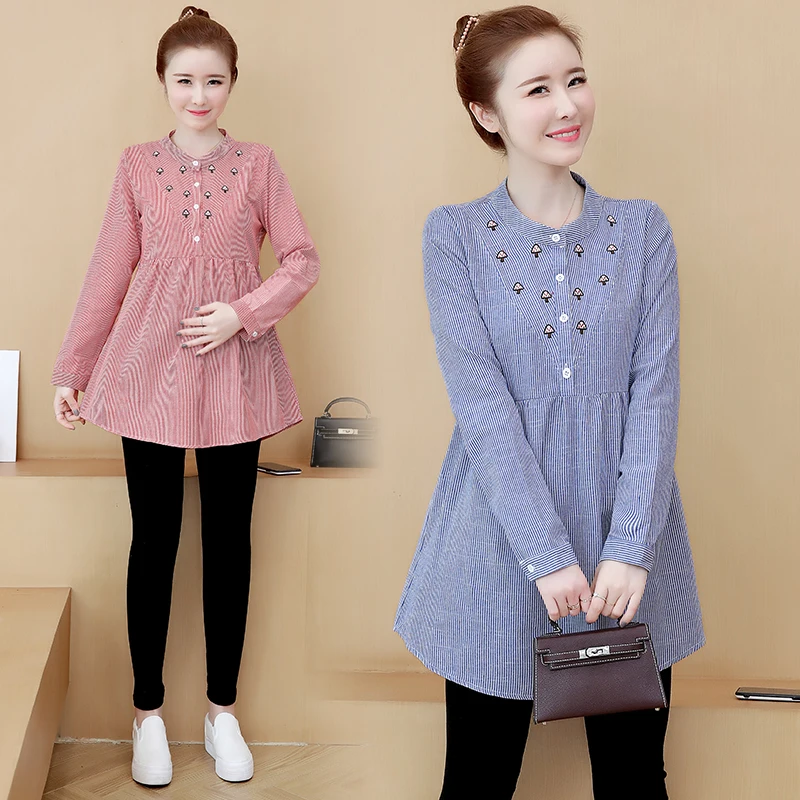 

Женские весенние новые полосатые завязки с вышивкой на талии, блузки с длинными рукавами, рубашки, одежда для беременных, топы для беременных