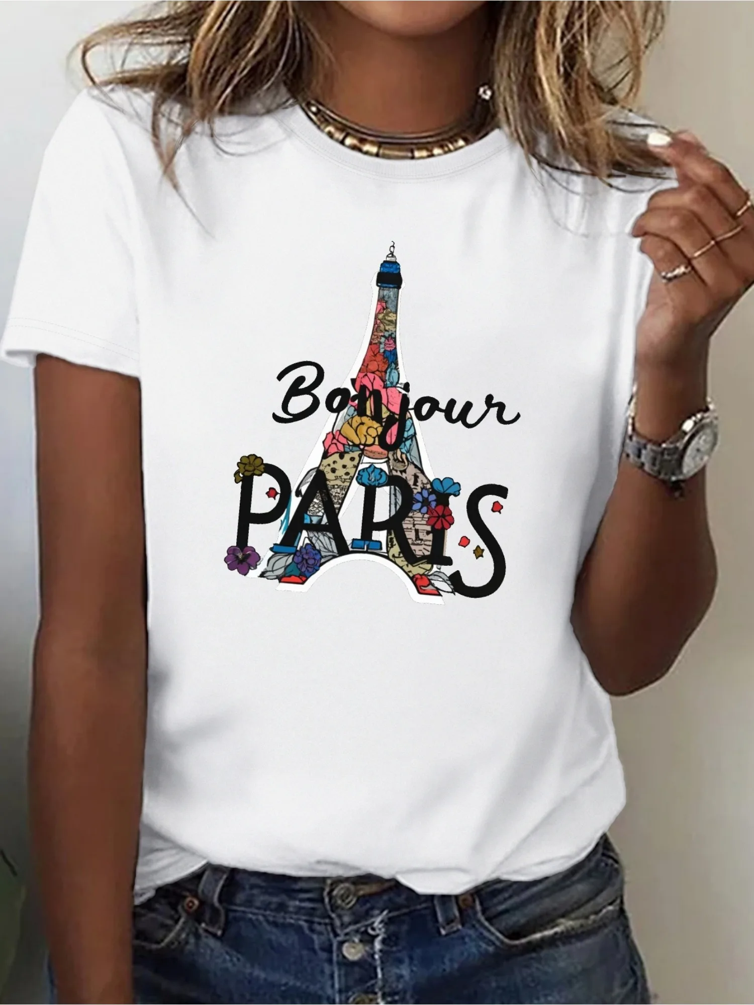 Paris Tower Print Crew Neck Tees Casual Short Sleeve Comfortable Breathable T-Shirt For Spring  Summer