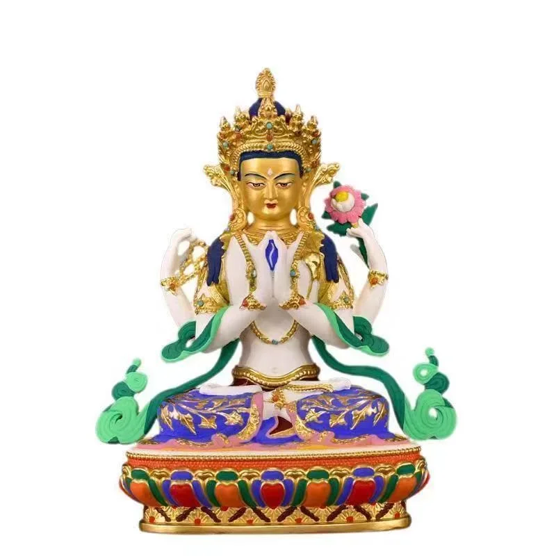 Nepal High grade Buddha statue HOME efficacious color Paint Four-armed Guan yin Bodhisattva Gold-plated  statue