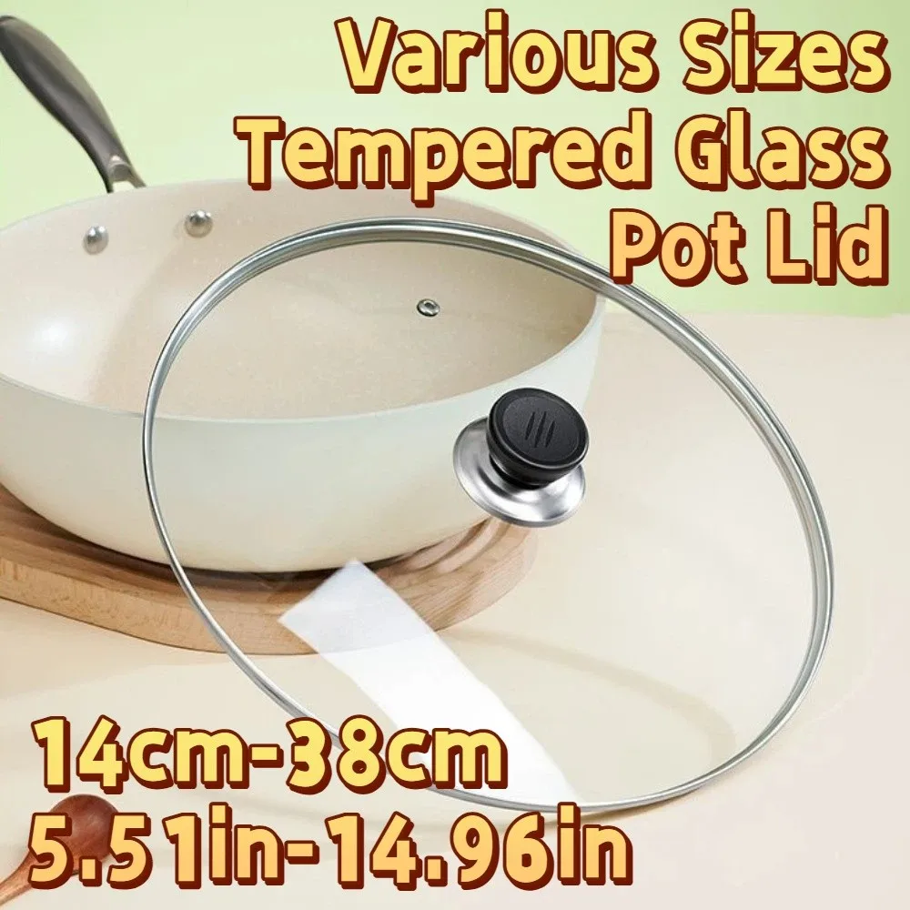 14-38cm/6-15in Tempered Glass Pot Lid Black Plastic Knob Universal Vertical Pan Lid Anti-scalding Heat Resistant