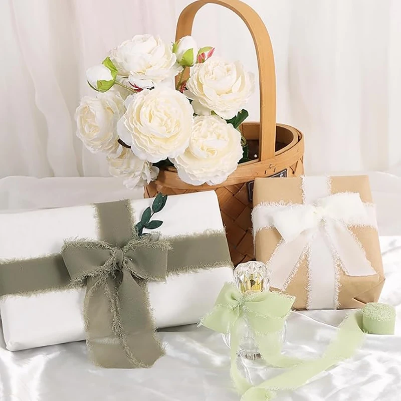 5m/Roll Frayed Silk Ribbon Edged Wrinkle Chiffon Handmade Ripped Wedding Party Flower Bouquet Gift Packing Decorations DIY Craft