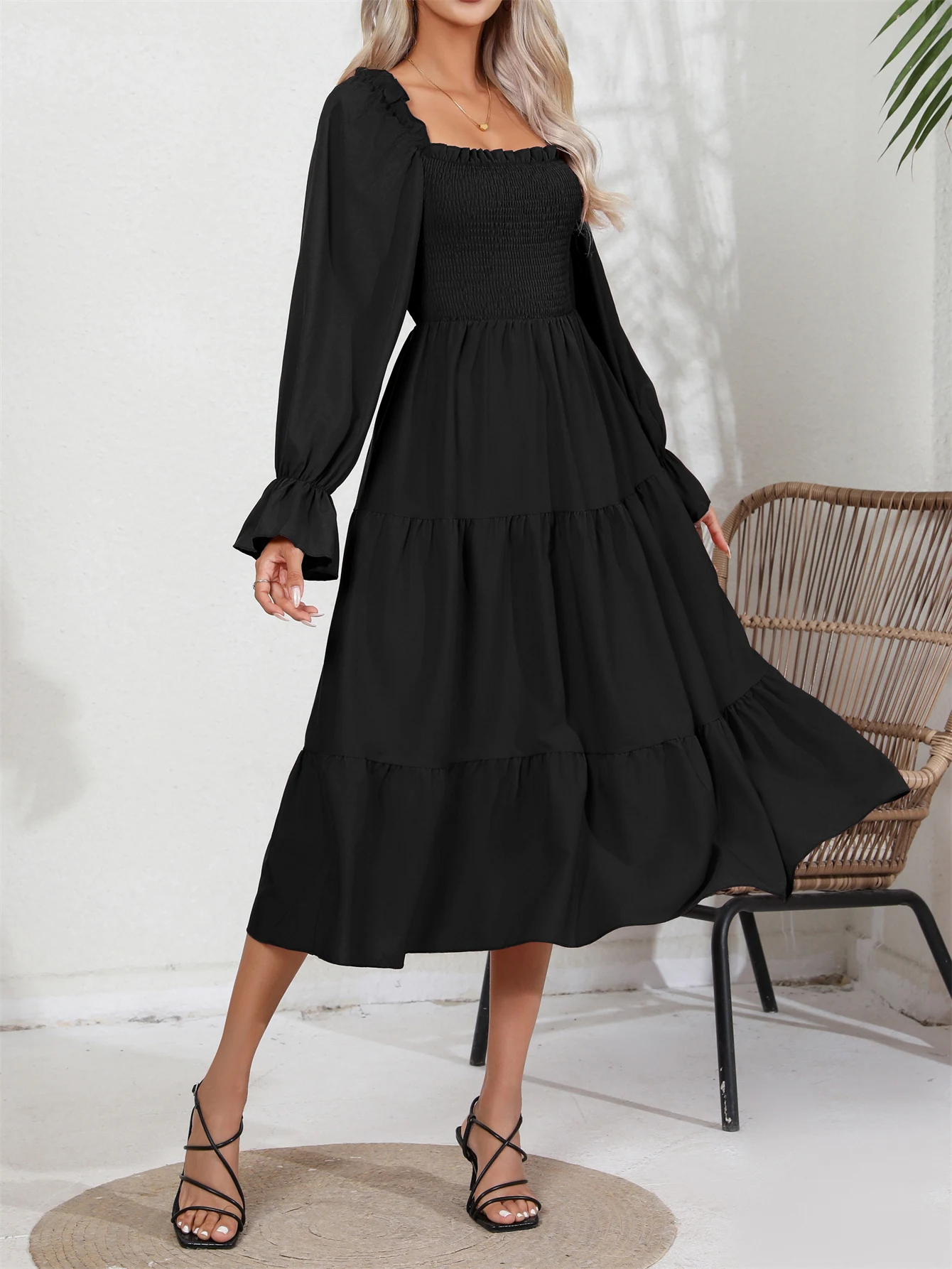 Spring & Autumn Casual Solid Squared Neck Shirred Ruffle Trim Long Sleeve Tiered Dress For Women