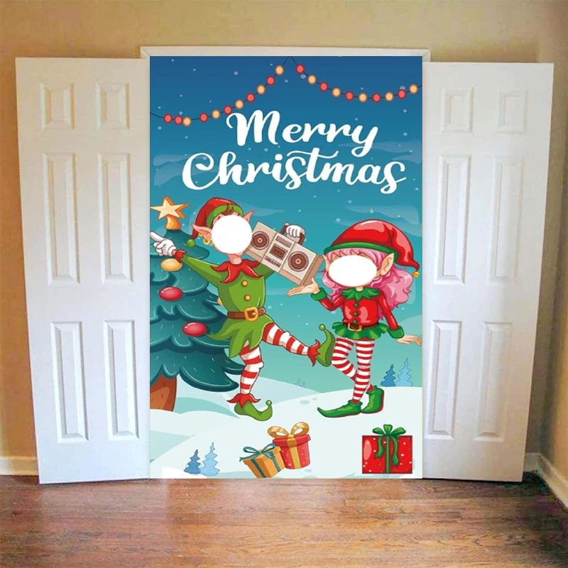 Christmas Photography Backdrop Party Face In Hole Funny Elves Door Photo Door Background Wall Home Party Decor Banner