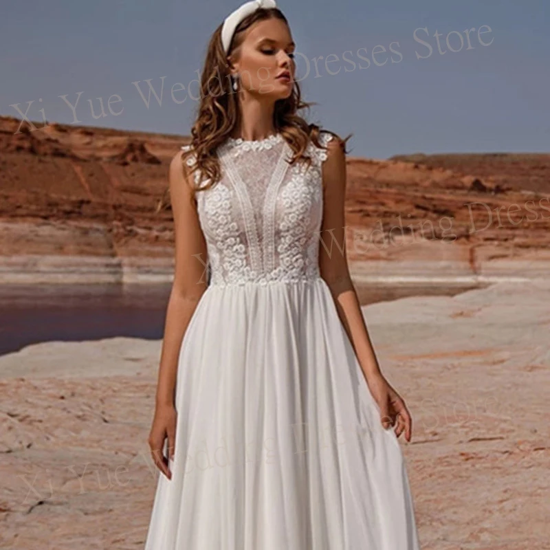 2025 boho elegante o-pescoço vestidos de casamento uma linha rendas apliques sem mangas vestidos de noiva ilusão praia personalizado vestido de noiva