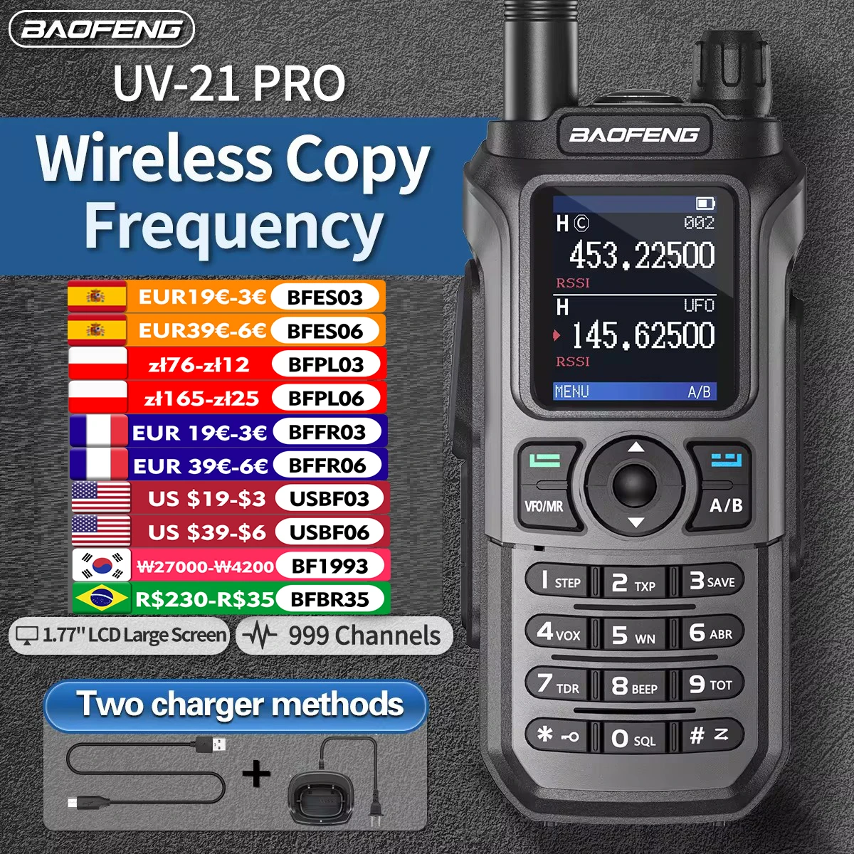 Baofeng UV 21 Pro Wireless Copy Frequency Walkie Talkie 999CH AM Long Range Waterproof Multi-Band Type-C Ham Radio UV 5R UV-K6