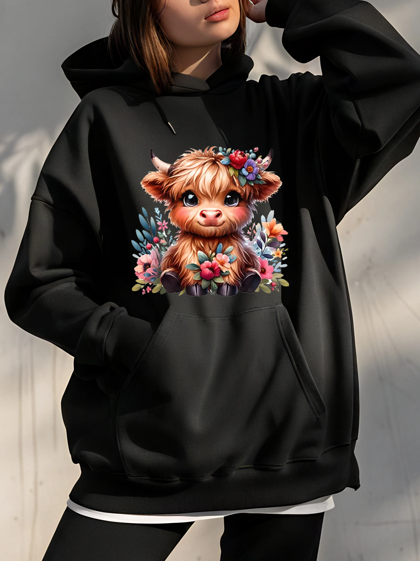 

Милая толстовка с цветочным принтом коровы, женская повседневная толстовка, осенне-зимний модный пуловер унисекс, верхняя одежда в уличном стиле