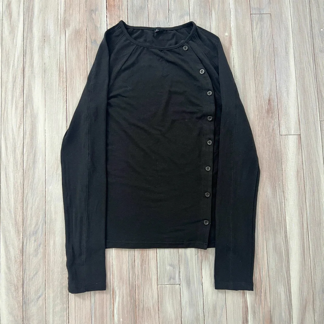 

Y2K Pure Color Button Long Sve round Ne T-irt Loose Fit k Sle Retro Trendy Women's Casual Top Polyester Material