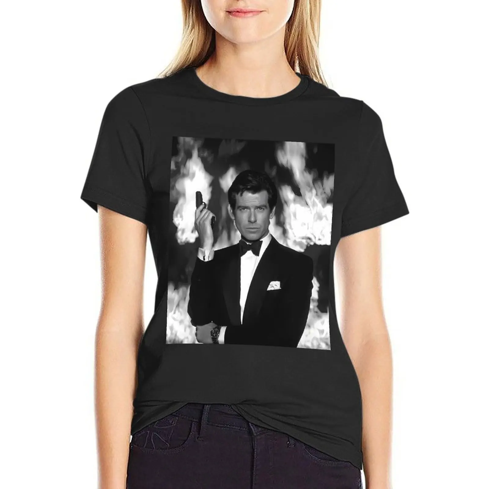 Pierce Brosnan Art T-Shirt summer clothes female Short sleeve tee oversized workout shirts for Women