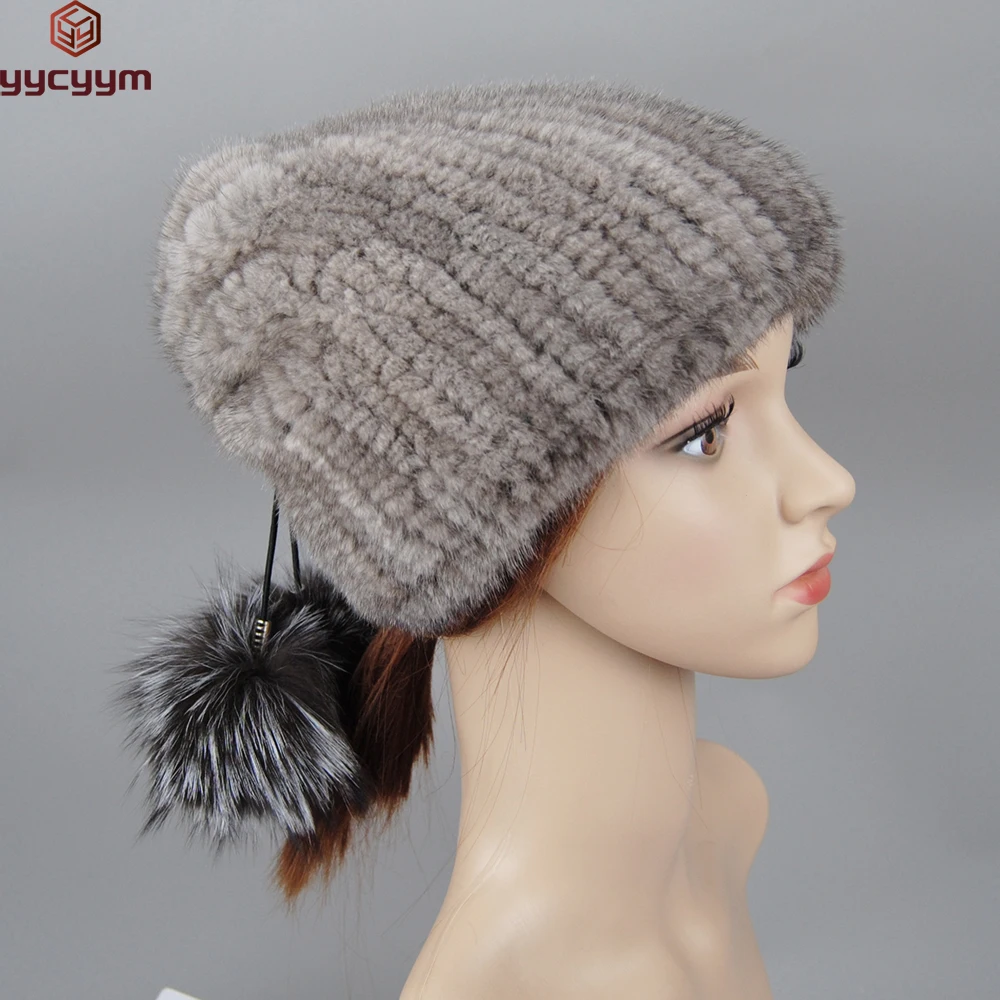 

Women'S Winter Warm Real Mink Fur Hat Russian Fashion Lady All-Match Soft Knitted Stretch Christmas Hat