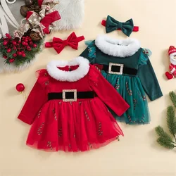 Baby Girl 2Pcs Christmas Outfits Fur Collar Long Sleeve Tulle Tutu Dress Headband Sets Toddler Xmas Costume Clothes For Winter