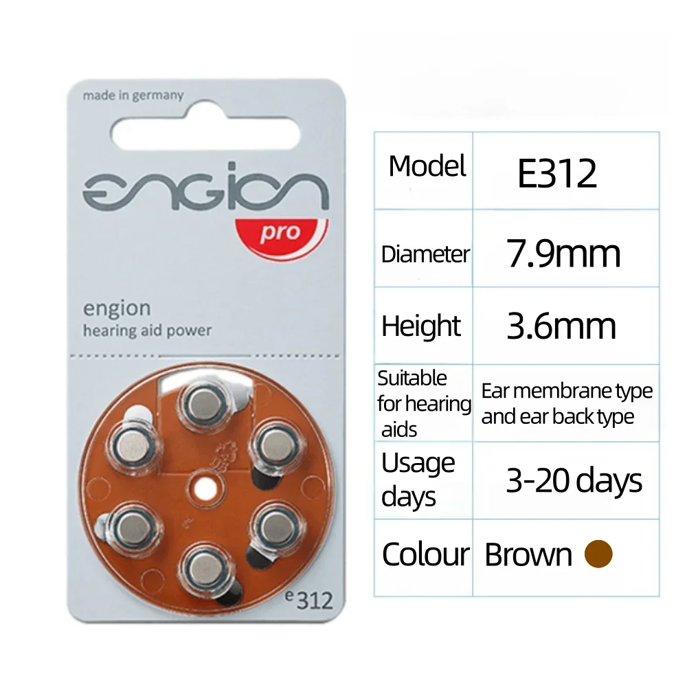 6-60 PCS Engion High Performance Hearing Aid BatteriesPR41 1.45V Type 312 Battery for CIC BTE Hearing aids