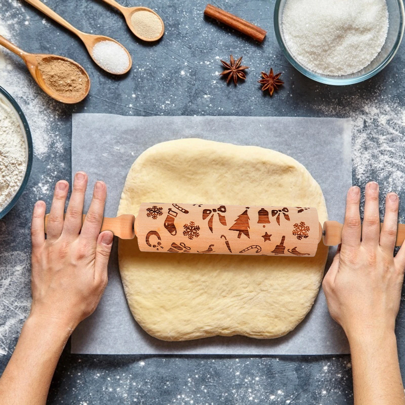

1Pcs Wooden Rolling Pin with Christmas Print Design for Dough Pastry Baking Roller Kitchen Utensil Cake Pizza Pasta Making Tool