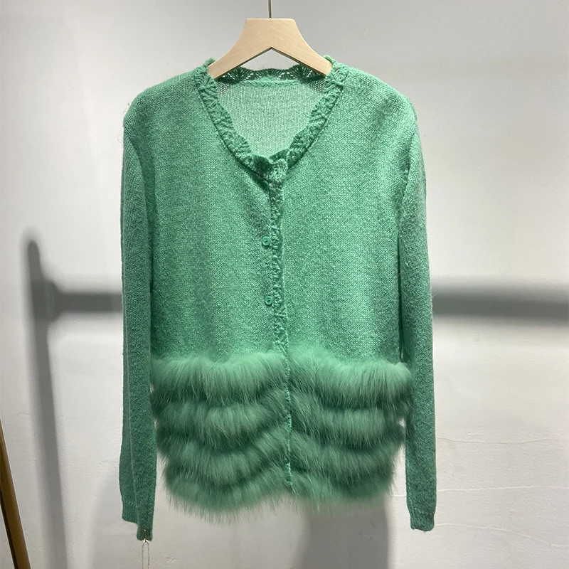 2025 ผู้หญิงขนสุนัขจิ้งจอกจริงตกแต่งภายนอกLadyแฟชั่นฤดูใบไม้ร่วงบางเสื้อกันหนาวถักเดี่ยวBreasted Coat