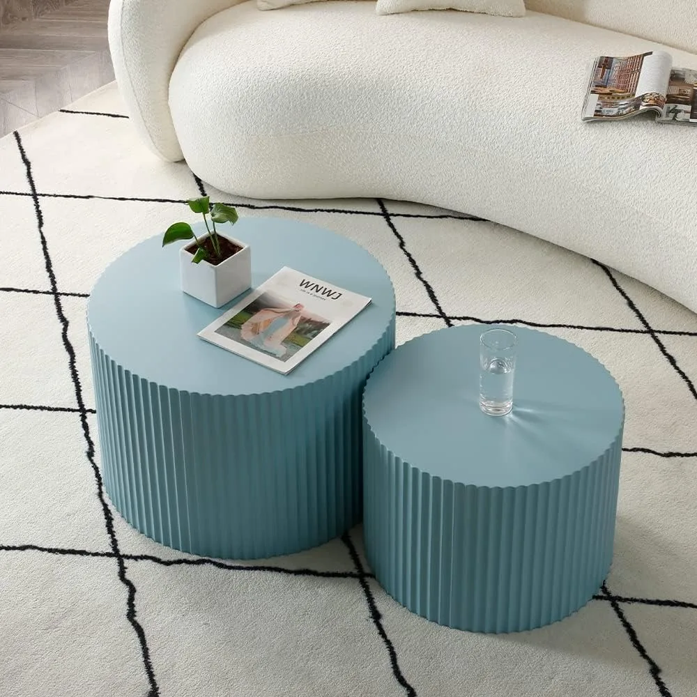 Modern Blue Nesting Coffee Table Set, 2-Piece Round Wooden Side Tables, Contemporary Accent End Tables