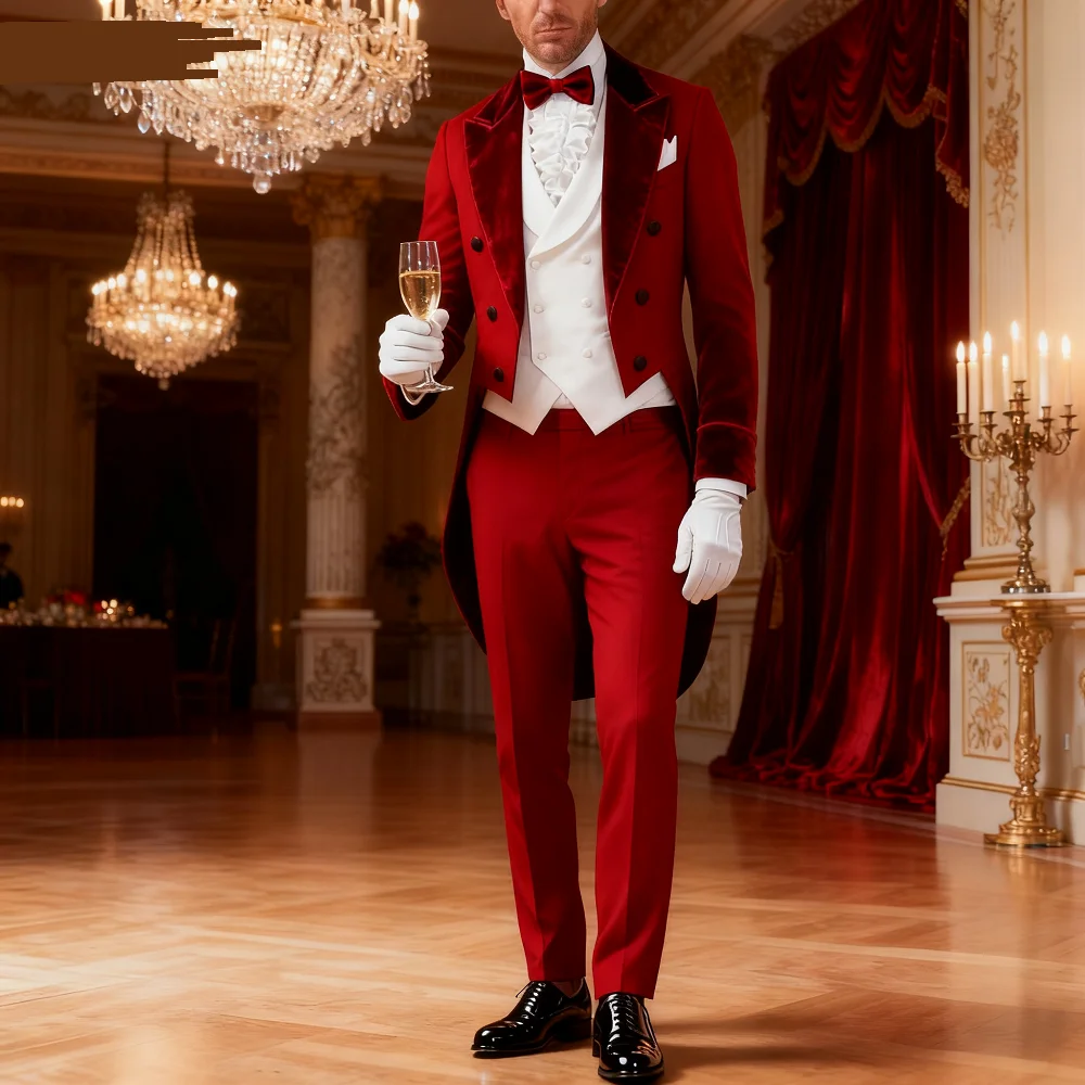 Men's 3-Piece Long-Tail Blazer Tuxedo Smoking Suit for Wedding Party Fashionable Male Jacket Coat Casual Formal Wear