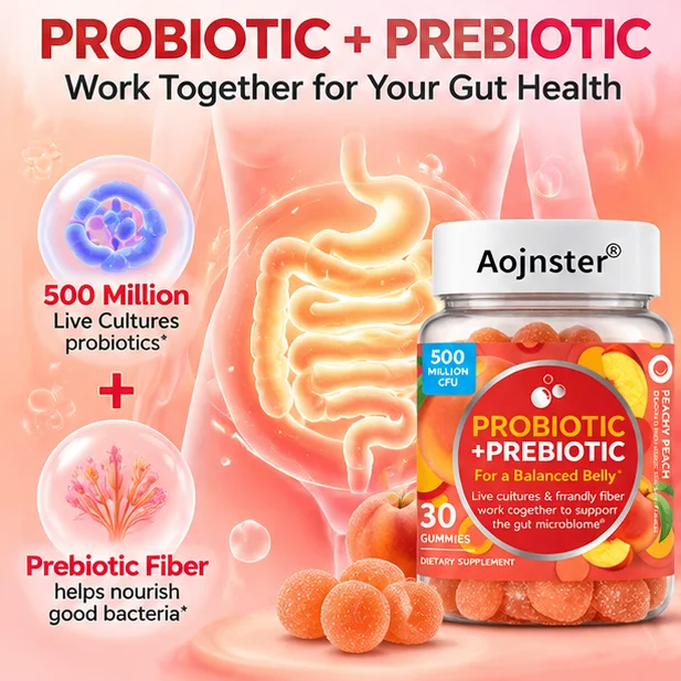 Chewable Probiotic & Prebiotic Gummies 30 Count, Live Cultures with Friendly Fiber, Tasty Peach Flavor Gut Supplement for Adults