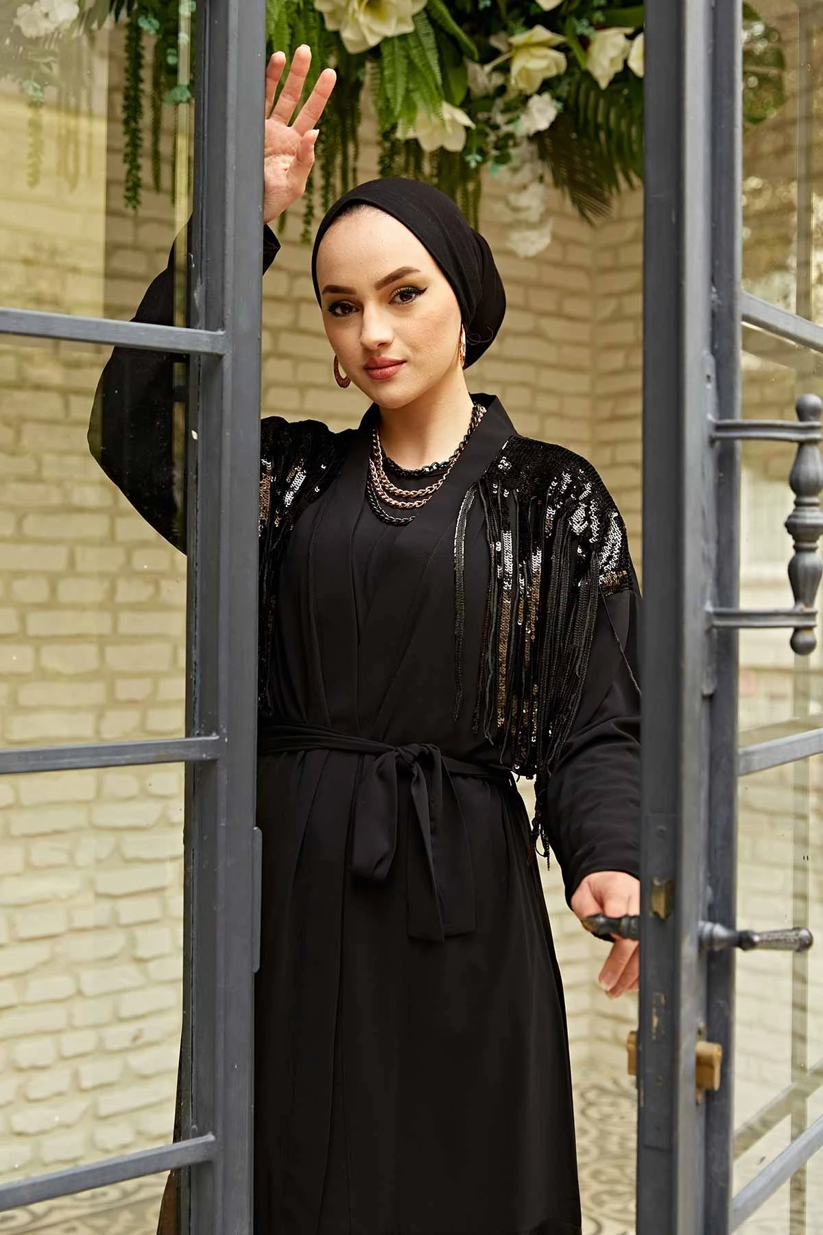 Shoulder Sequin Abaya GK-Black