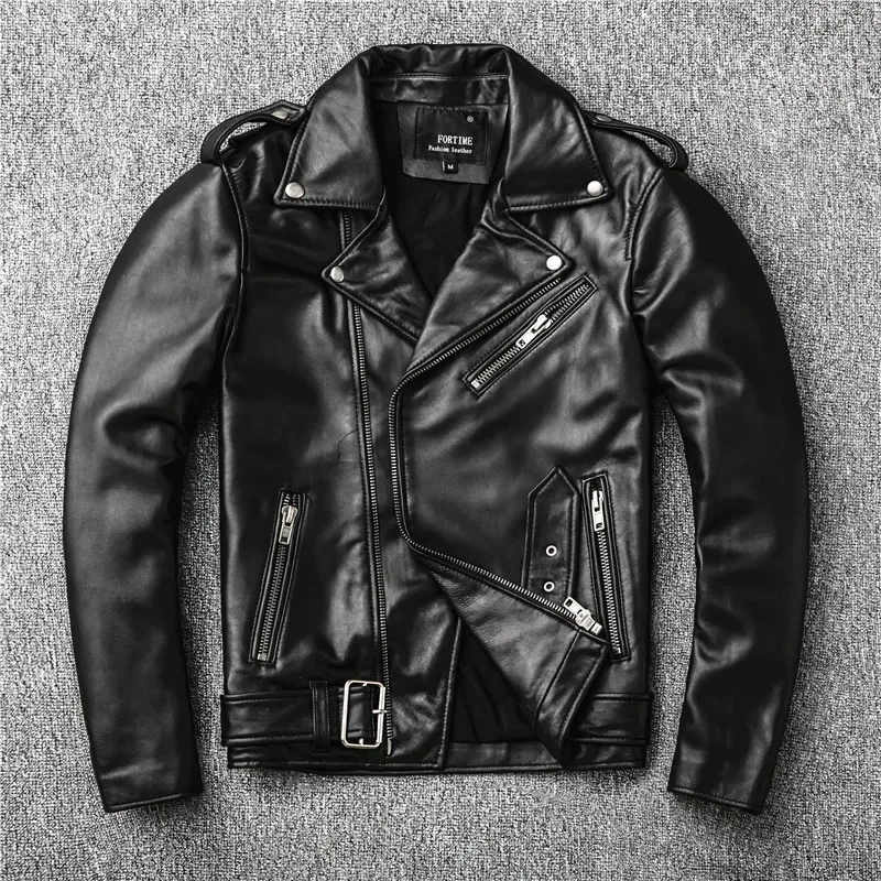 Classical Perfecto Jacket Motorcycle leather Jacket Men 100% Natural Sheepskin Men Black Genuine Leather Coat Slim Moto Jacket