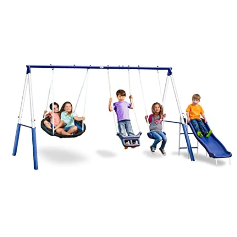 

5 User 4 Station Swing Set with 5' Wave Slide Outdoor Playground for Easy Assembly Metal Frame Backyard Set 148 L x 93 D x 73 H