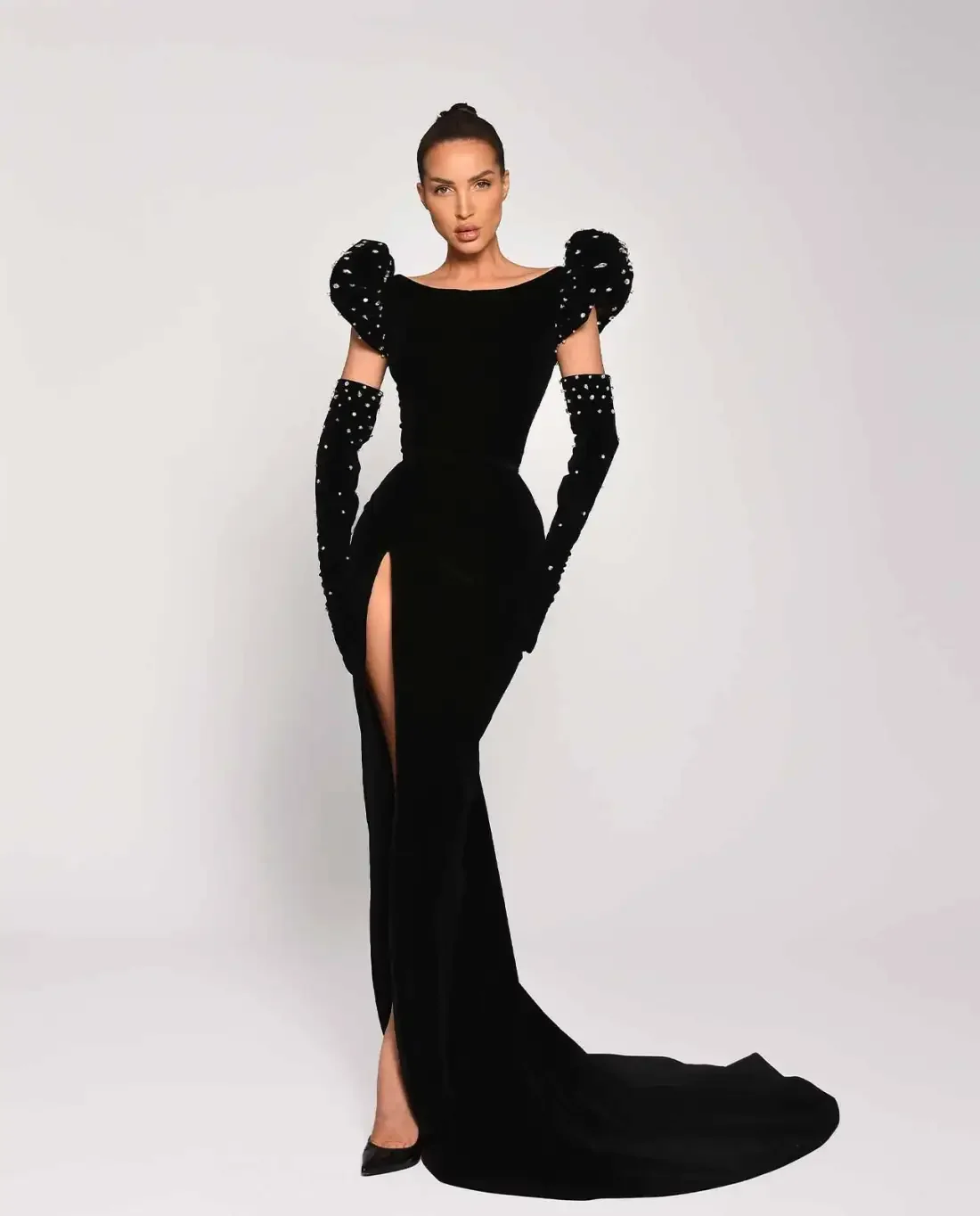 Vestidos de graduación de alta costura, guantes largos rectos de lujo, vestidos de noche árabes con cuentas, vestido Formal negro de terciopelo