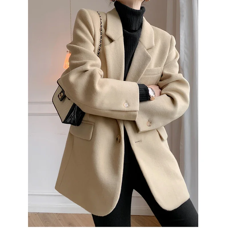 2024 Autumn Woman\'s Suit Jacket Khaki Woolen Tickened Notched Blazer Jackets Female Fashion Ladies High Quality