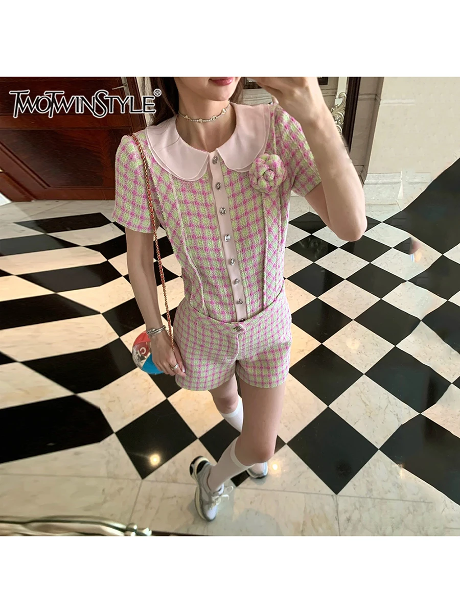 

TWOTWINSTYLE Spliced Plaid Two Piece Sets for Women Peter Pan Collar Short Sleeves Patchwork Button Top Strap Shorts Set Female