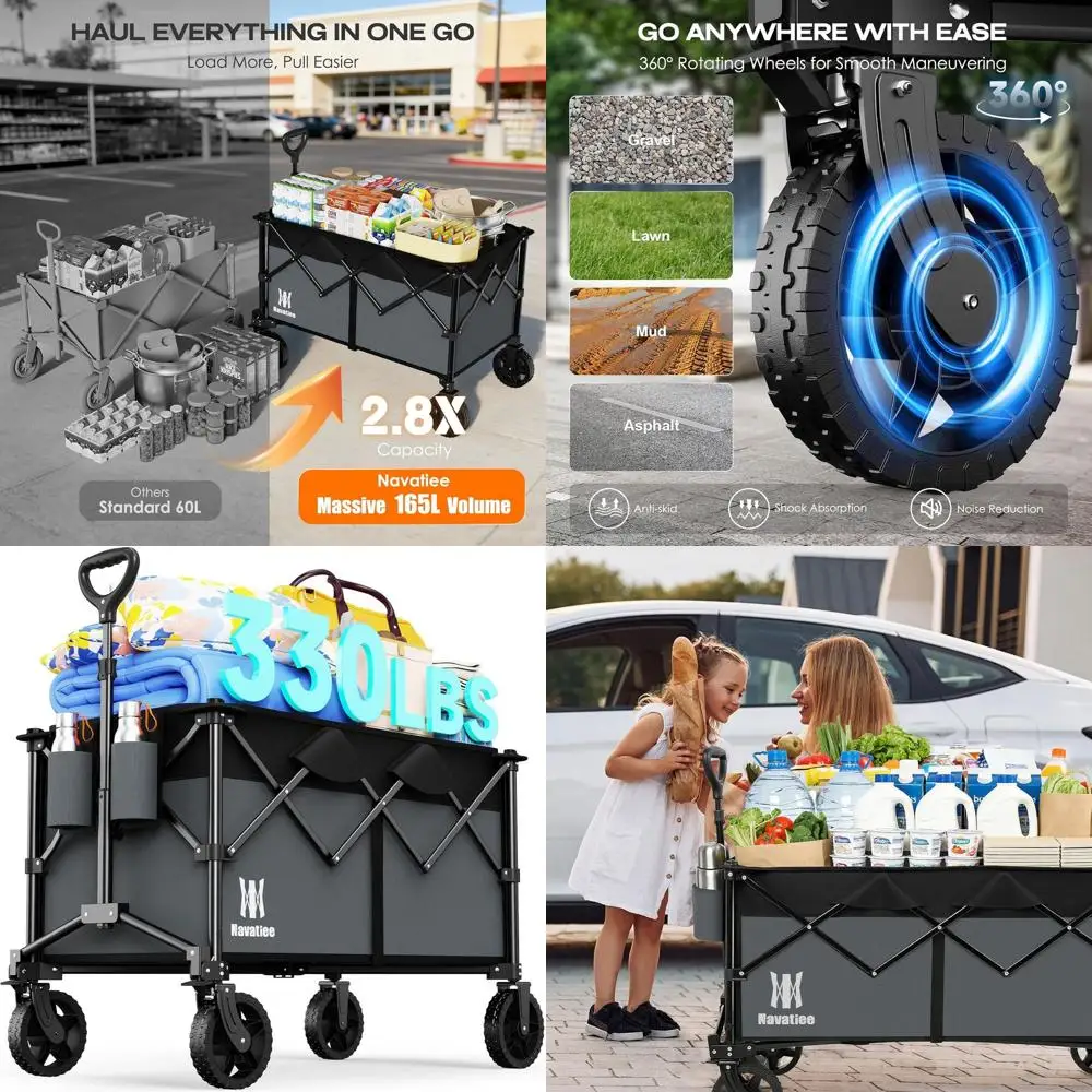 

Large Collapsible Utility Wagon with Silent All-Terrain Wheels, 330Lbs Capacity for Outdoor, Camping, Shopping