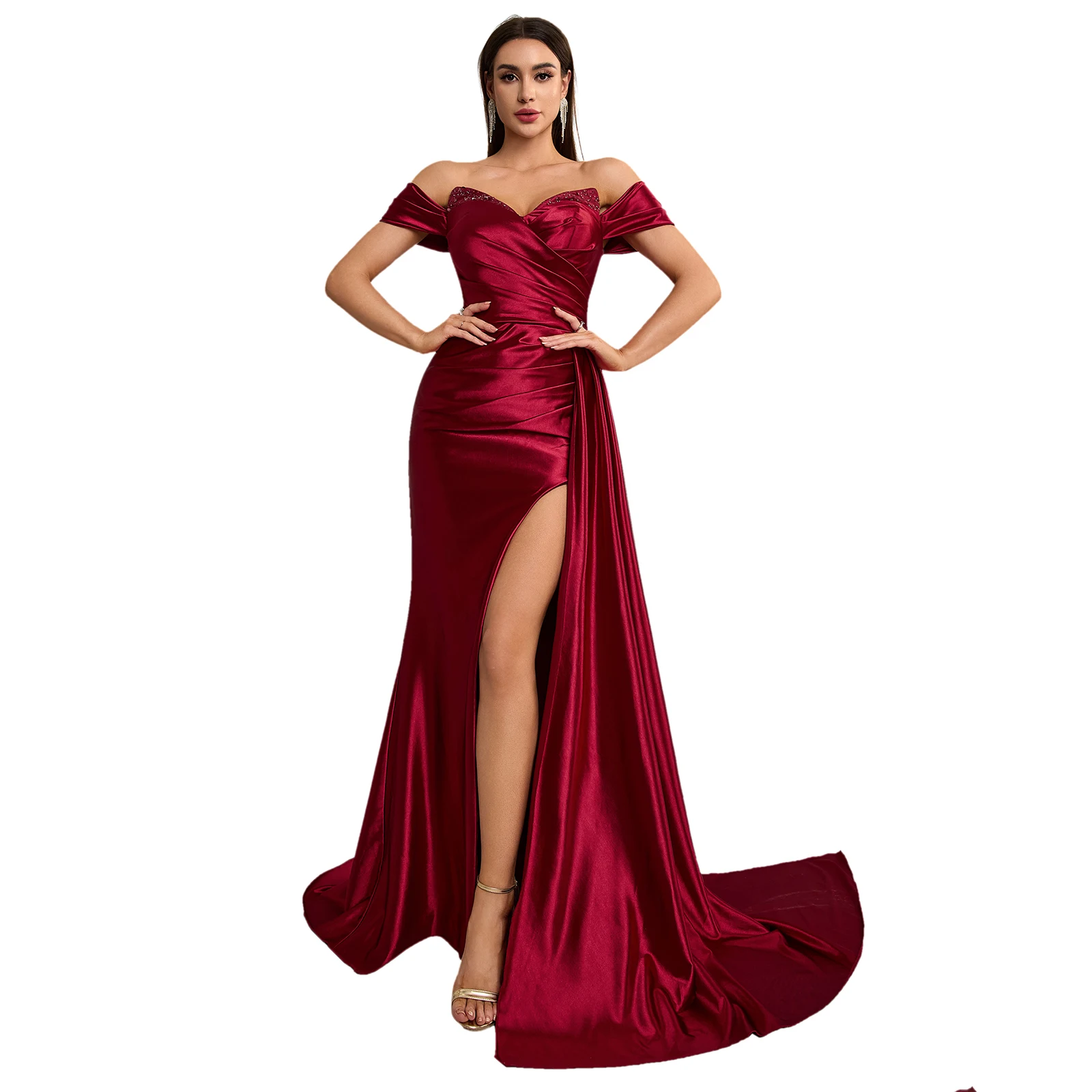 Sexy Sweetheart Evening Dresses  With Sequins On The Chest Mermaid Dress  With Pleated High Slit Satin Formal Dress