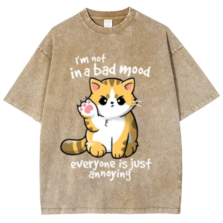 Angry Cat-Xmas Gift T-shirts Harajuku Washed Short Sleeved Tops Streetwear Cool Summer Wash Denim Comfort T Shirts