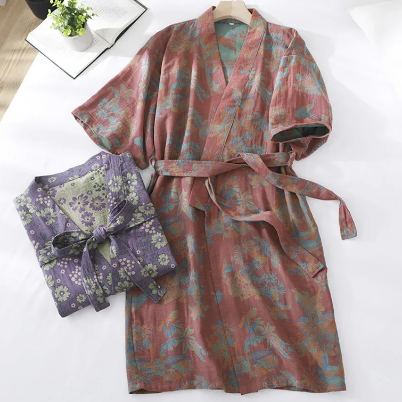 

Весенне-летний новый халат, хлопковый халат, унисекс, кимоно с цветочным принтом и половиной рукава, женская одежда для сна, платье-мотыга, свободная одежда для отдыха