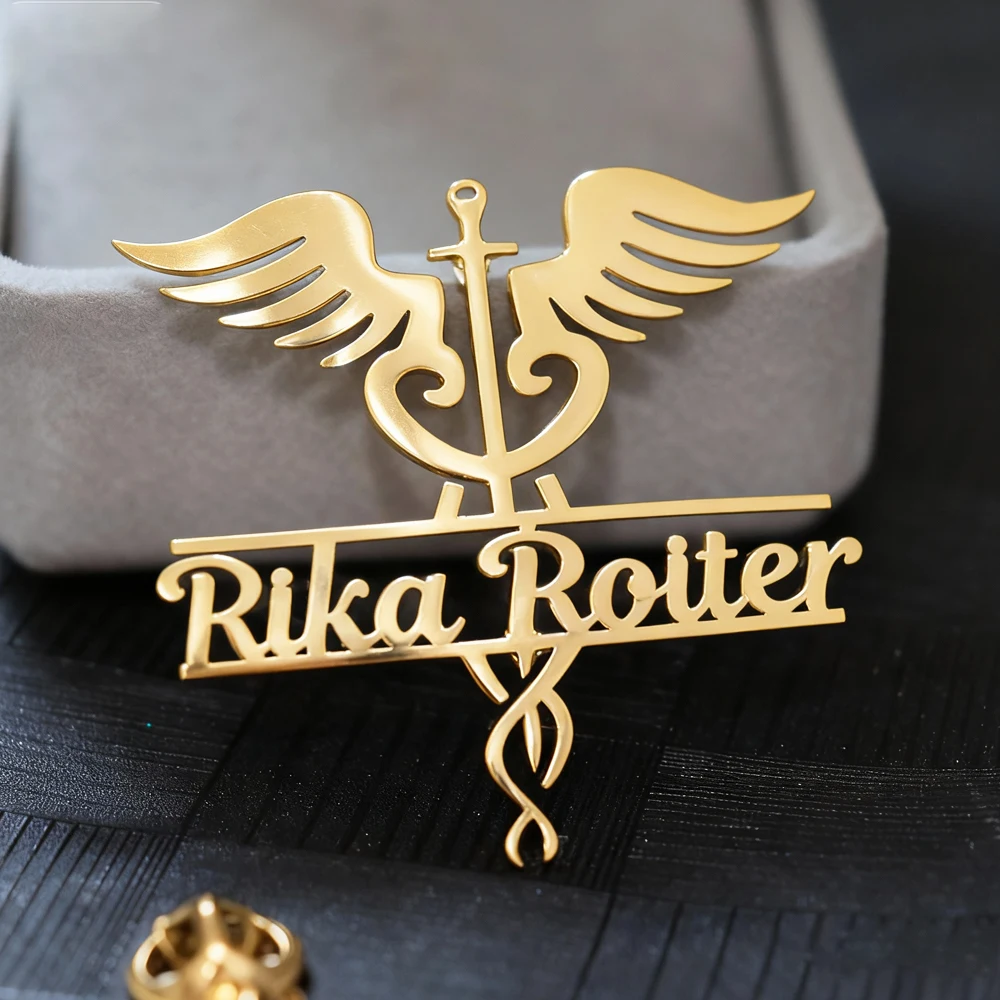 Custom Name Caduceus Brooch Personalized Medical Snake Scepter Wings Lapel Pin for Doctor Nurse Medical Student Jewelry Gifts view 5