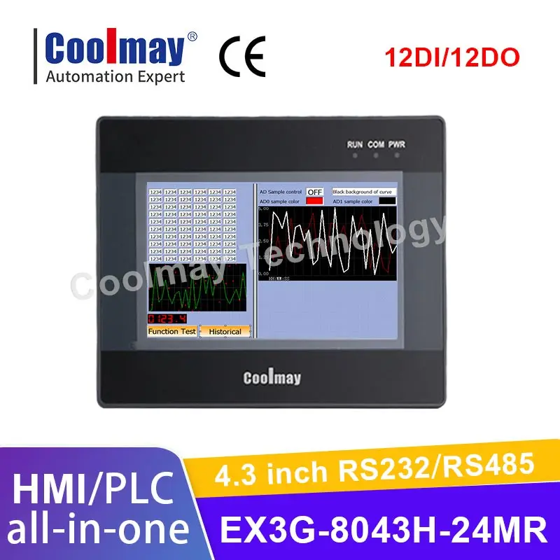 

Coolmay 4,3-дюймовый HMI PLC Combo с поддержкой 24DI 20DO Релейный выход RS232 RS485 EX3G-8043H-24MR для управления автоматизацией