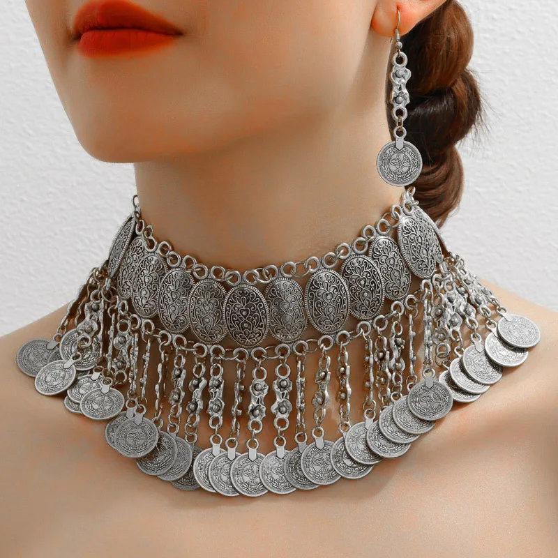 Belly Dance Necklace Earrings set Metal Coins Tassel Chunky Middle Easter Jewelry