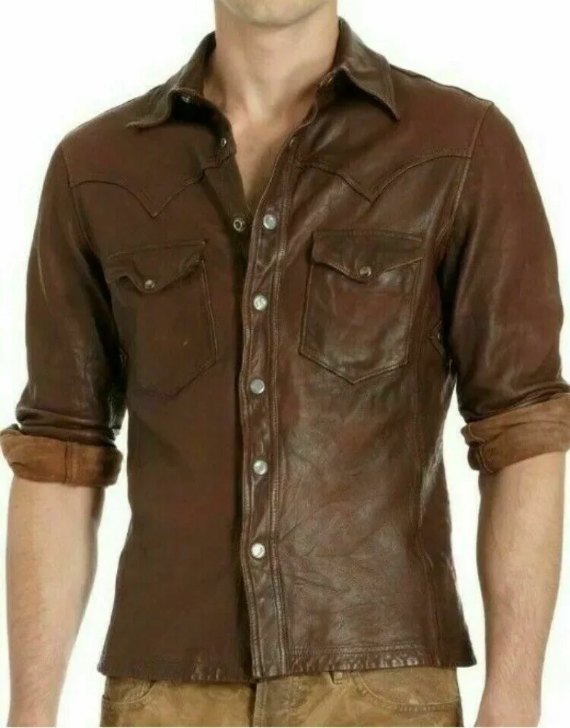 Men's Lambskin Real Leather Shirt Basic Vintage Biker Slim Fit Formal Shirt