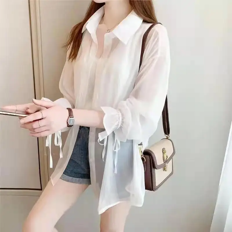 Women Summer Simplicity Loose Lacing Fashion Sunscreen Cardigan Long Sleeve Shirts Ladies Casual Vacation All-match Chiffon Tops