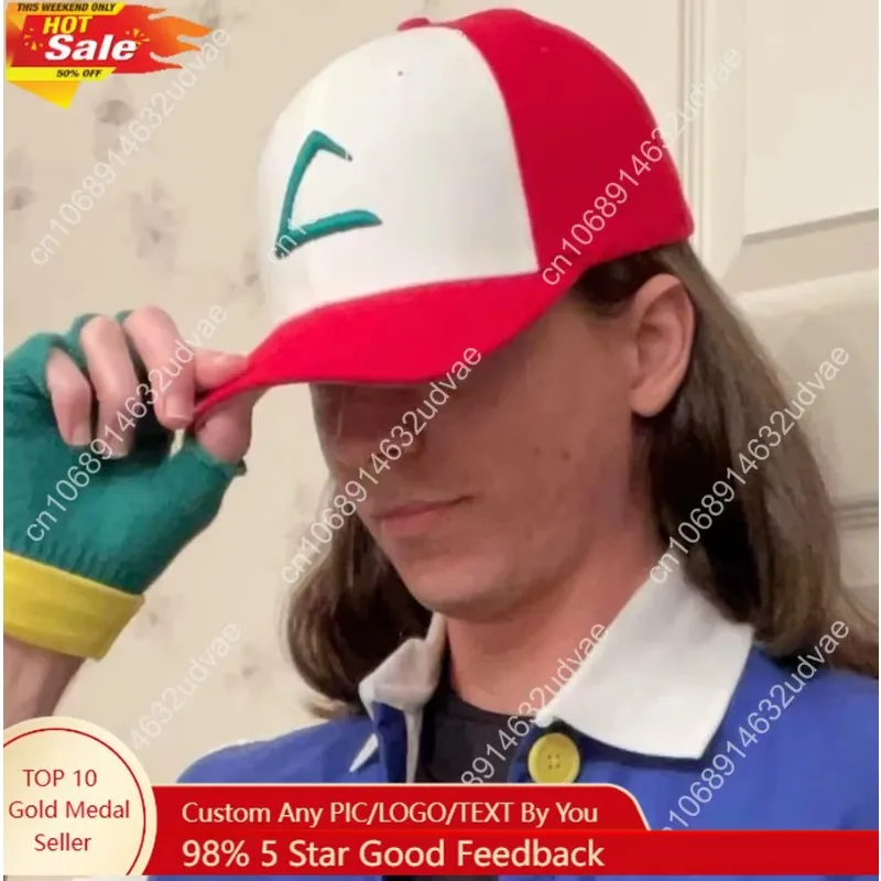 

Embroidered Ash Ketchum Red And White League Trainer Anime Cosplay Snapback Outdoor Truck Hats Curved Brim Flexfit Fitted Hats