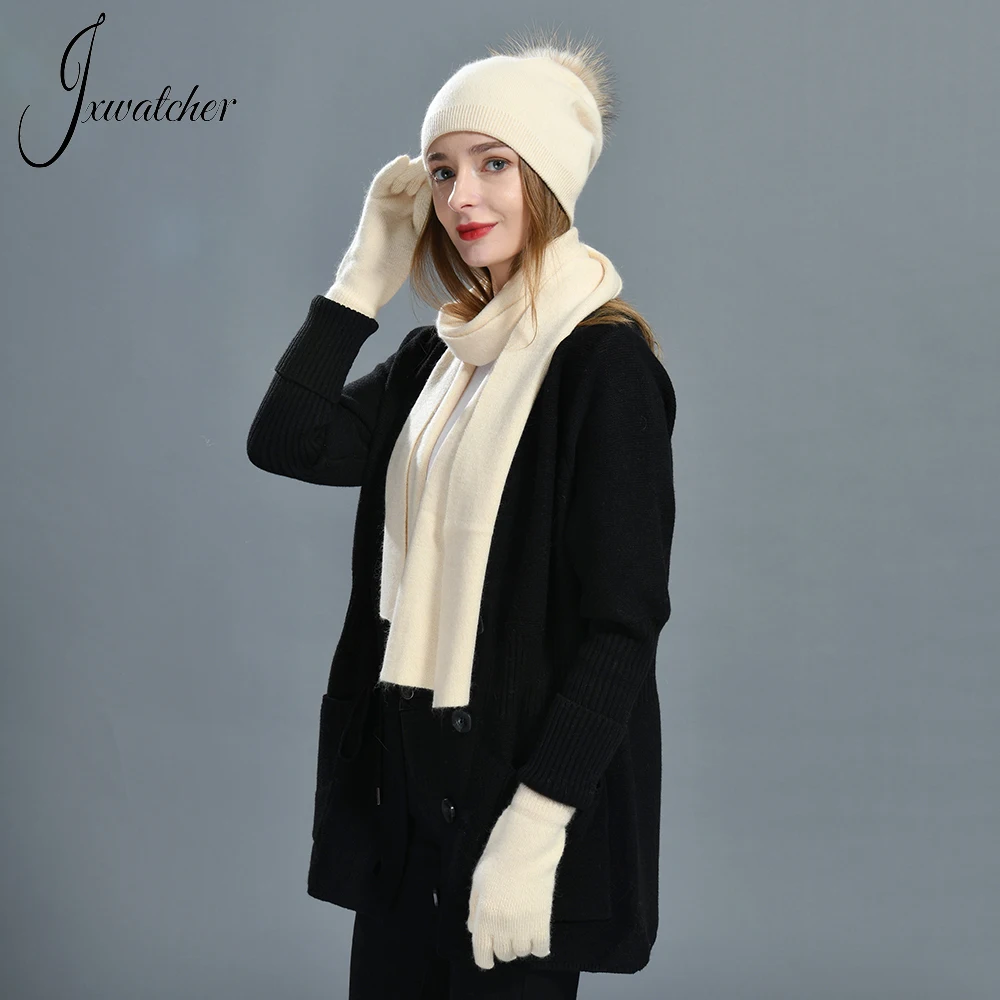 Jxwatcher Winter Hat Gloves and Scarf Set Women 3 Pieces Double Layer Cashmere Wool Knitted Beanie Soft Mitten Long Shawl