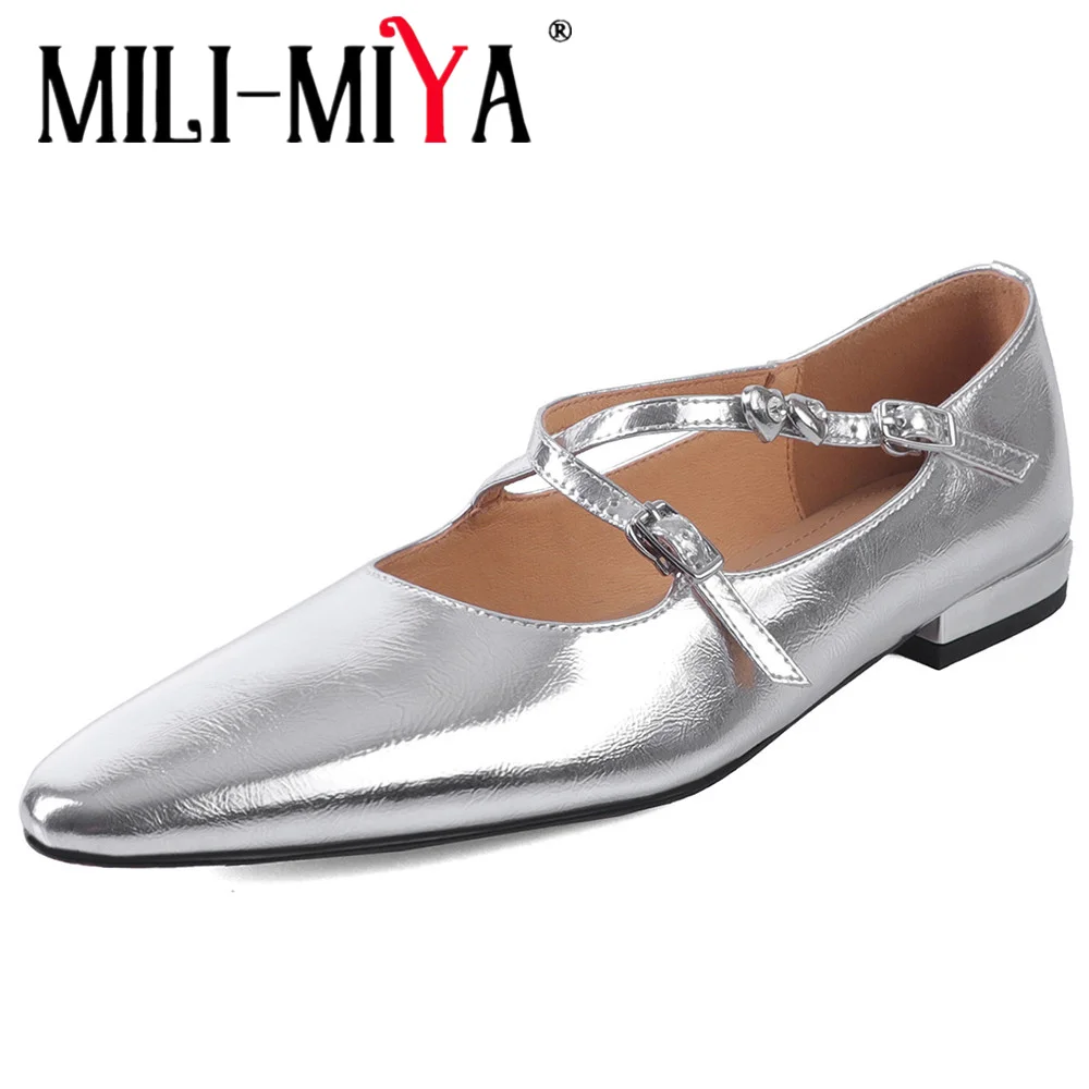 MILI-MIYA Women's Pointed-Toe Full Genuine Leather Casual High-Heeled Shoes With Thick Heels And Anti-Slip Soles Solid-Colored