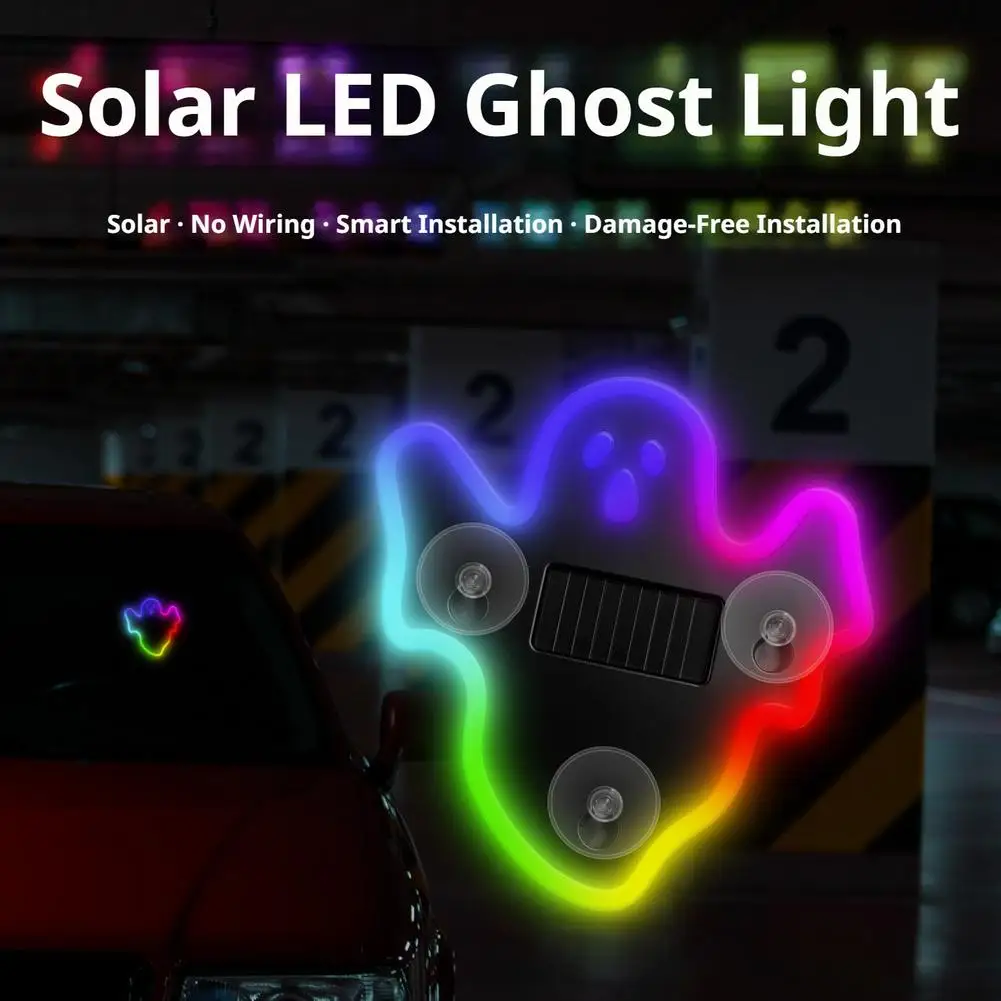 Solar Powered Ghost LED Car Window Light, Wireless No Drill Solar Powered Halloween Spooky Ghost Warning Lights for Car/ Truck