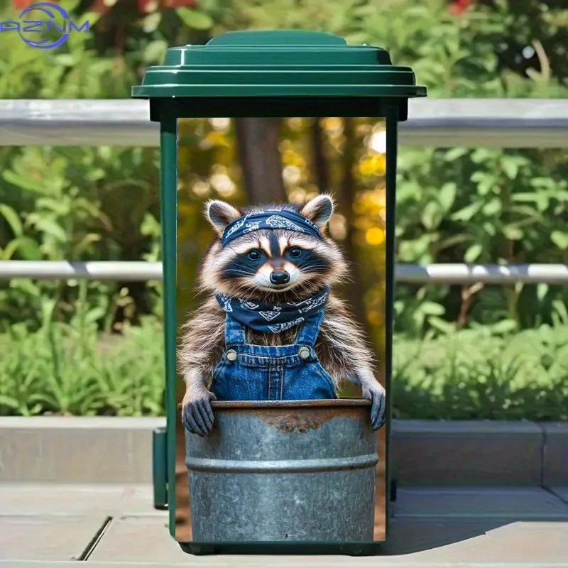 Trash Can Sticker, 37.01*81.99 cm, Raccoon in Bandana And Denim Overalls Leaning on Metal Barrel Pattern, Fun Animal-Themed Cr