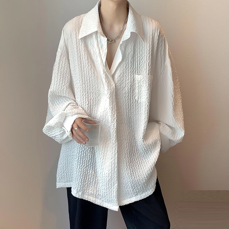 

Fashion Design White Women Shirts Summer Vintage 2022 Turn-Down Collar Lantern Sleeved Loose Pocket Female Outwear Coats Tops