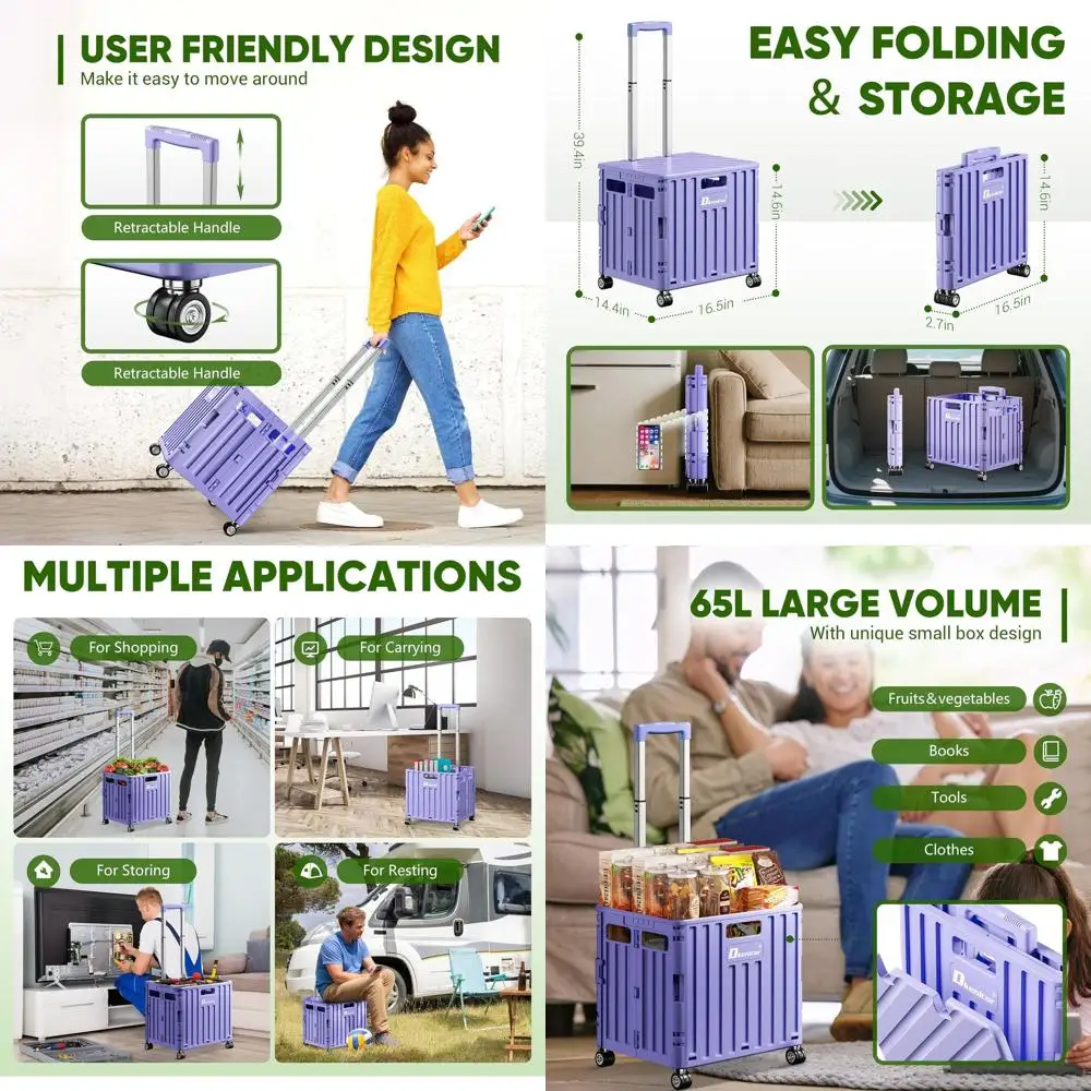 

Складная тележка на колесиках с крышкой, портативная складная тележка для покупок, прочная пластиковая ручная тележка с 4 поворотными колесами для