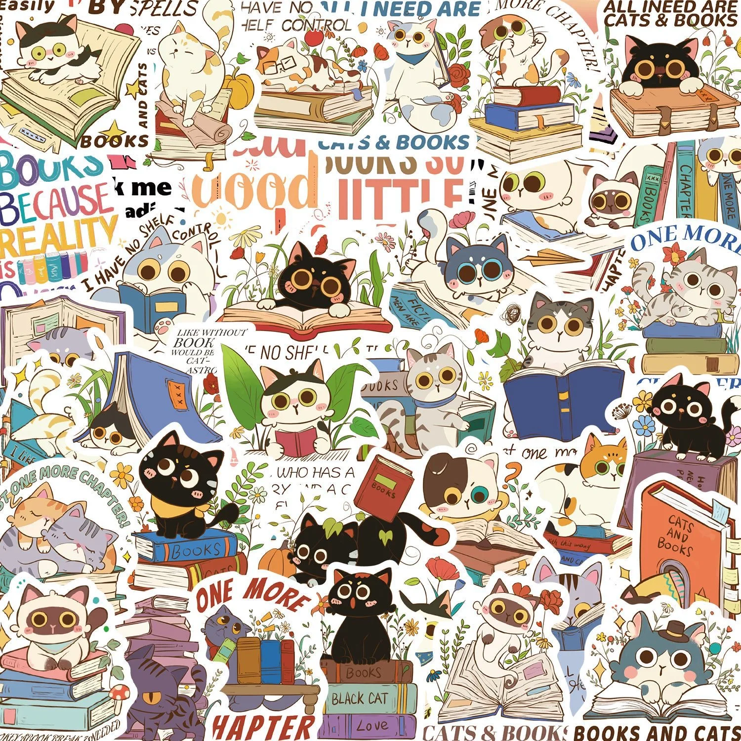 10/60Pcs Cute Cat Flower Book Reading Stickers Aesthetic Decals Decoration DIY Laptop Luggage Scrapbook Skateboard Sticker Toy