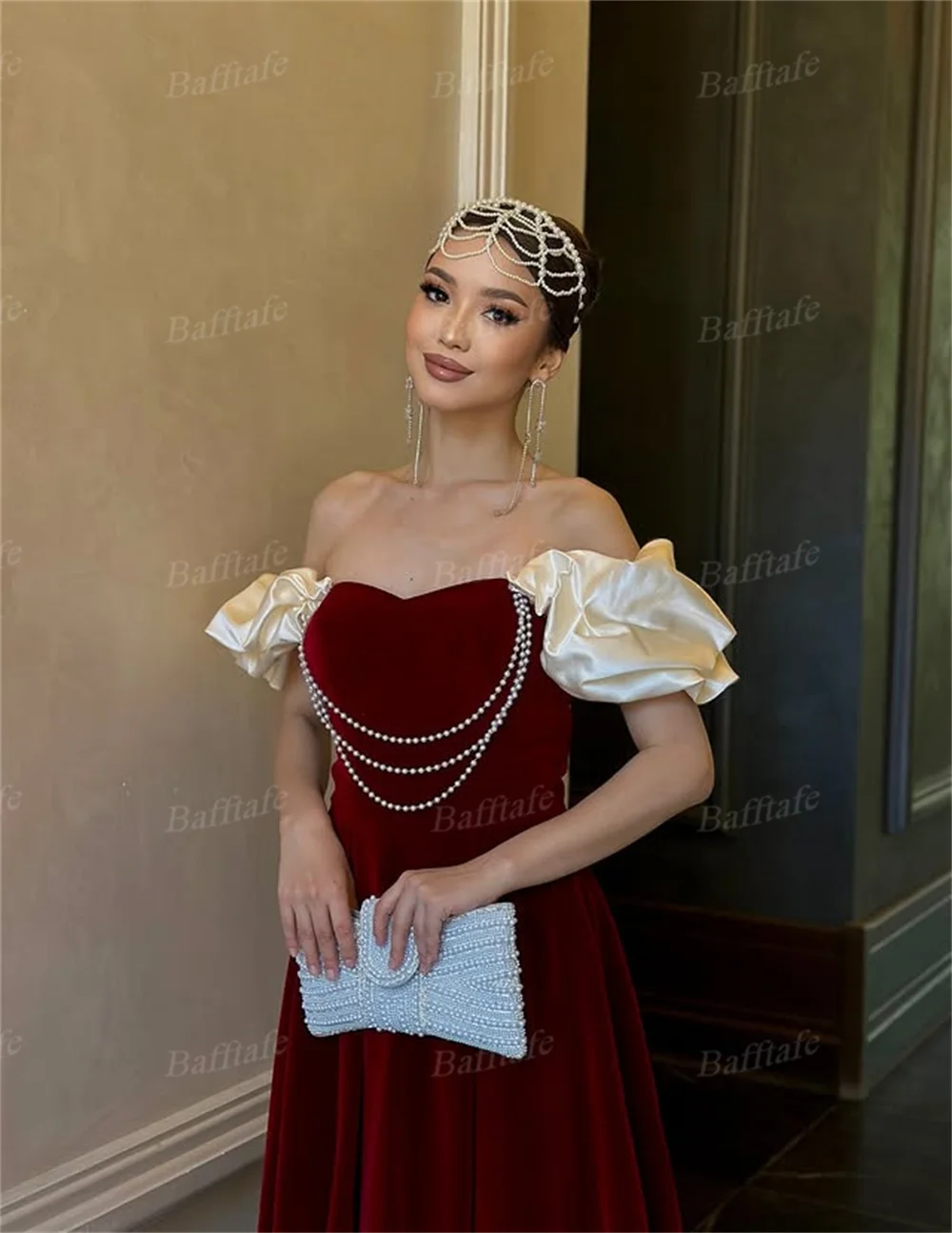 Bafftafe Burgundy Velour Long Prom Gowns Customized Champagne Short Sleeves Pearls Korea Women Formal Eveninig Party Dresses